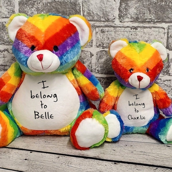 Personalised Rainbow Bear, Cute Plush Toy, Teddy, Birthday, Christening, New Baby, Keepsake, Cute, Cuddly Custom Design, Colourful Bear