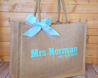 Bolsa de yute para la novia: Regalo personalizado para la fiesta de bodas / Detalles del lazo / Regalo para la fiesta nupcial /