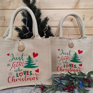 Personalised Christmas Lunch Bag, Button Case, Just a Girl Who Loves Christmas, Custom Made Christmas Accessories, Christmas Tree Hearts