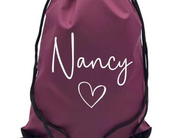 Personalised Heart PE Bag: | Back To School Gym Sac | Children's Drawstring Bag