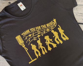 Thank You For The Music-T-shirt: retro discofeesttopje | Tribute-nachtkleding | Met de hand ontworpen | Origineel ontwerp