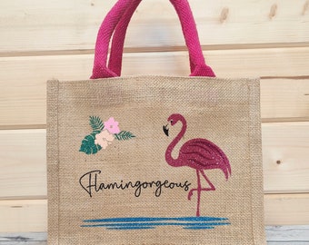 Personalised Flamingo Bag, Pink, Black, Natural Handles, Hot Pink Glitter Design, Lunch Bag, Custom Made Gift, Shopping Tote, Jute Bag,