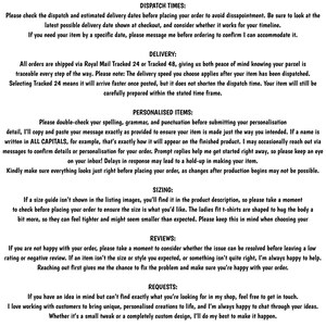 Information sheet outlining shop policies for dispatch times, delivery, personalised items, sizing, reviews, and custom requests. Text is neatly organised under bold headings, providing clear guidance for customers ordering personalised products.