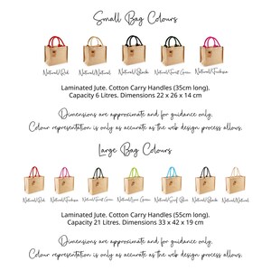 “Image showing Thunder Lizard’s laminated jute tote bags in small and large sizes with various handle colours. Small bags displayed in Natural/Red, Natural/Natural, Natural/Black, Natural/Forest Green, and Natural/Fuchsia. Large bags shown in Natural/Red, Natural/Fuchsia, Natural/Forest Green, Natural/Lime Green, Natural/Sky Blue, Natural/Black, and Natural/Natural. Text includes bag dimensions, capacities, and notes about colour accuracy and guidance.”