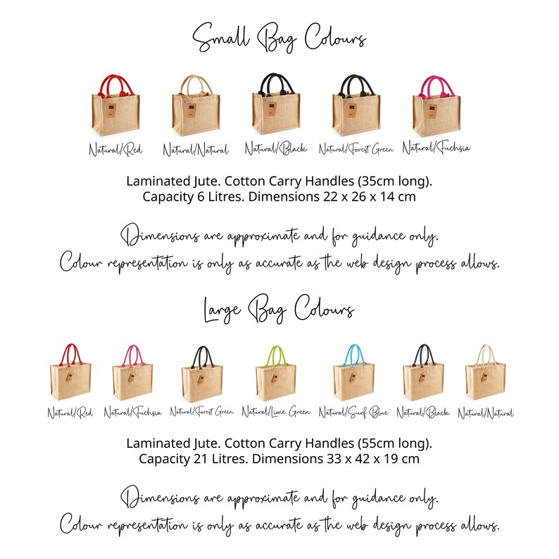 “Image showing Thunder Lizard’s laminated jute tote bags in small and large sizes with various handle colours. Small bags displayed in Natural/Red, Natural/Natural, Natural/Black, Natural/Forest Green, and Natural/Fuchsia. Large bags shown in Natural/Red, Natural/Fuchsia, Natural/Forest Green, Natural/Lime Green, Natural/Sky Blue, Natural/Black, and Natural/Natural. Text includes bag dimensions, capacities, and notes about colour accuracy and guidance.”