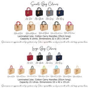 A selection of small and large laminated jute tote bags in colours such as red, black, grey, and navy. The bags have cotton carry handles and come in two sizes: 22 x 26 x 14 cm and 33 x 42 x 19 cm.