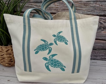Borsa da spiaggia in tela con tartaruga marina: borsa da weekend a tema nautico, regalo perfetto per gli amanti dell'oceano.
