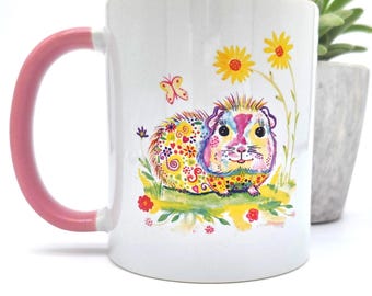 Taza con diseño de conejillo de indias pintada a mano en acuarela: un regalo artístico único.