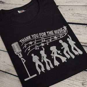 Thank You for the Music T-shirt | Custom Print |  70&#39;s Dancing | Retro | Sparkly,  Glitter Music Band | Tribute Act | Voyage | Hen Do Top