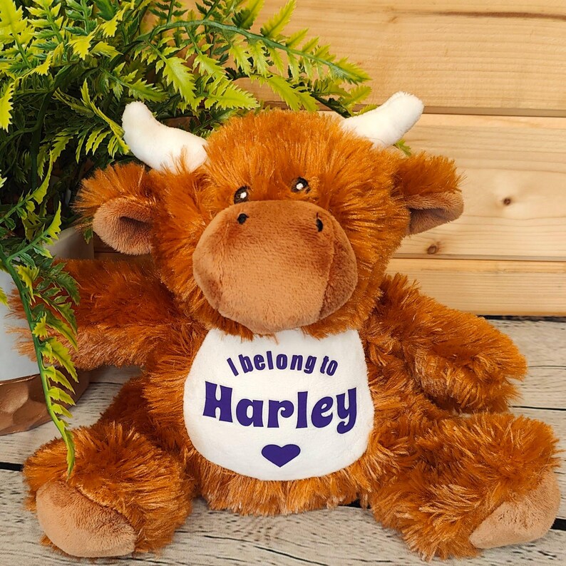 May include: A brown plush Highland Cow stuffed animal with a white bib that says "I belong to Harley" in purple lettering and a purple heart.