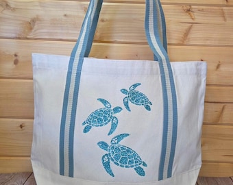 Sea Turtle Canvas Beach Bag: Coastal Weekender Tote, Nautical Stripes, Ocean Accessories