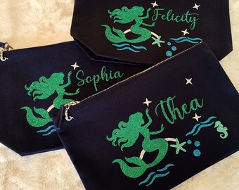 Bolsa de sirena personalizada, estuche de accesorios, regalo hecho a medida, artículos de tocador, bolsa de lona, viaje, cosmética, cumpleaños, favor de fiesta, regalo de sirena