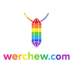 May include: A colorful logo featuring a rainbow-colored crystal pendant with a red top and purple bottom. The pendant is suspended by a rainbow-colored arc. Below the pendant is the text "werchew.com" in rainbow colors.