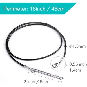 May include: Black necklace with a lobster clasp and an extender chain. The perimeter is 18 inches (45 cm), the chain is 2 inches (5 cm) long, and the diameter is 0.06 inches (1.5 mm). The text on the image says "Perimeter: 18inch / 45cm".