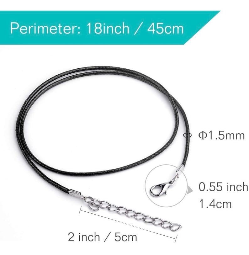 May include: Black necklace with a lobster clasp and an extender chain. The perimeter is 18 inches (45 cm), the chain is 2 inches (5 cm) long, and the diameter is 0.06 inches (1.5 mm). The text on the image says "Perimeter: 18inch / 45cm".