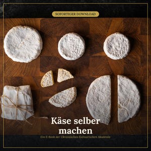 Può includere: Una copertina di e-book intitolata Käse selber machen, Ein E-Book der Ukrainischen Kulinarischen Akademie, che mostra diversi formaggi bianchi rotondi su un tagliere di legno, inclusi pezzi interi, affettati e avvolti nella carta.