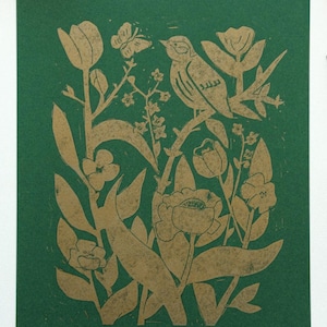 Gouden linosnede Lente Ontwaken | Handbedrukt A4 | Premium gekleurd karton | Kunst- en ambachtenprint | Gouden muurschildering