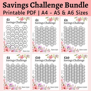 May include: A printable savings challenge bundle with six different charts. Each chart features a hexagonal grid with a different amount of money to save. The charts are decorated with floral borders and the text "Savings Challenge" and the amount to save. The charts are available in A4, A5, and A6 sizes.
