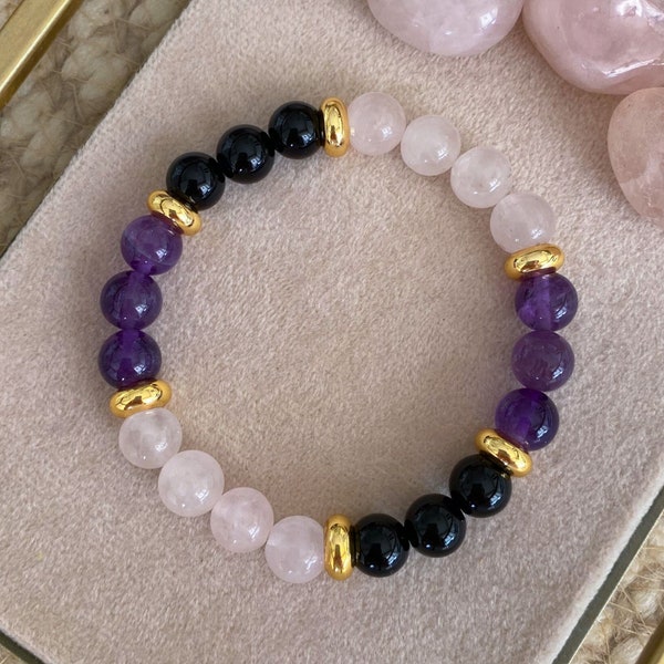 Empath Protection Bracelet, Positive Energy Bracelet, Energy Protection, Emotional Support, Empath Support, Amethyst, Rose Quartz, Onyx