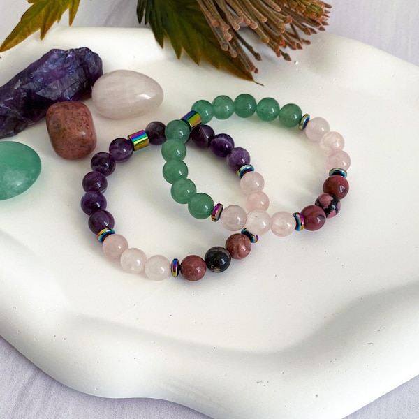 Attract Love Bracelet Set, Rhodonite, Rose Quartz, Amethyst, Green Aventurine, True Love Bracelet, Manifest Love Bracelet, 8mm Love Crystals