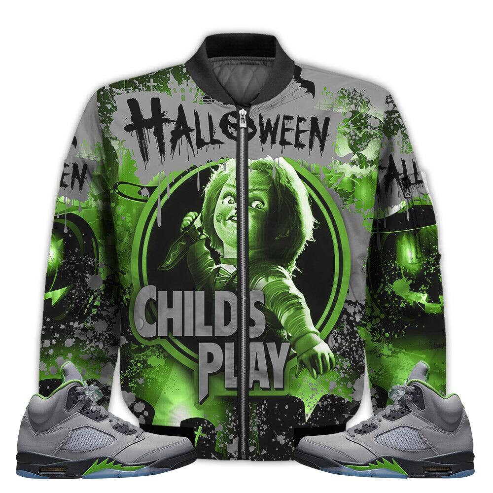 New Kicks Shirt Jordan 5 Retro Green Bean - Halloween Child's Play Chucky - Green Bean 5s Gifts Unisex Matching 3D Bomber Jacket