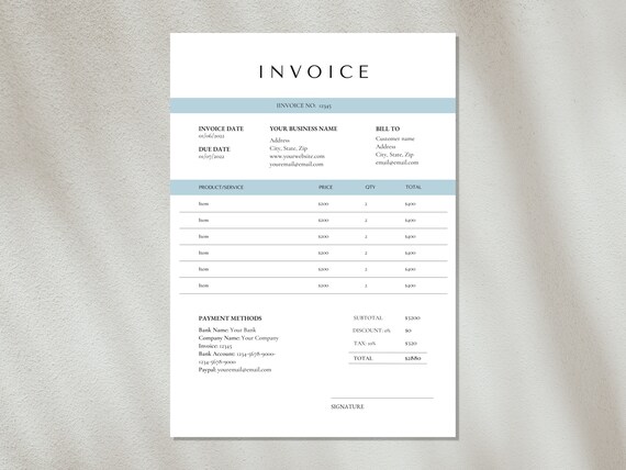 Blue Invoice Template Digital Invoice Template Printable - Etsy