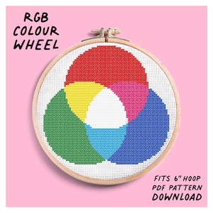 May include: A cross-stitch embroidery in a wooden hoop features an RGB color wheel design. The wheel is composed of red, yellow, green, blue, pink, and white sections. Text at the top reads "RGB COLOUR WHEEL". The bottom text says "FITS 6" HOOP PDF PATTERN DOWNLOAD".