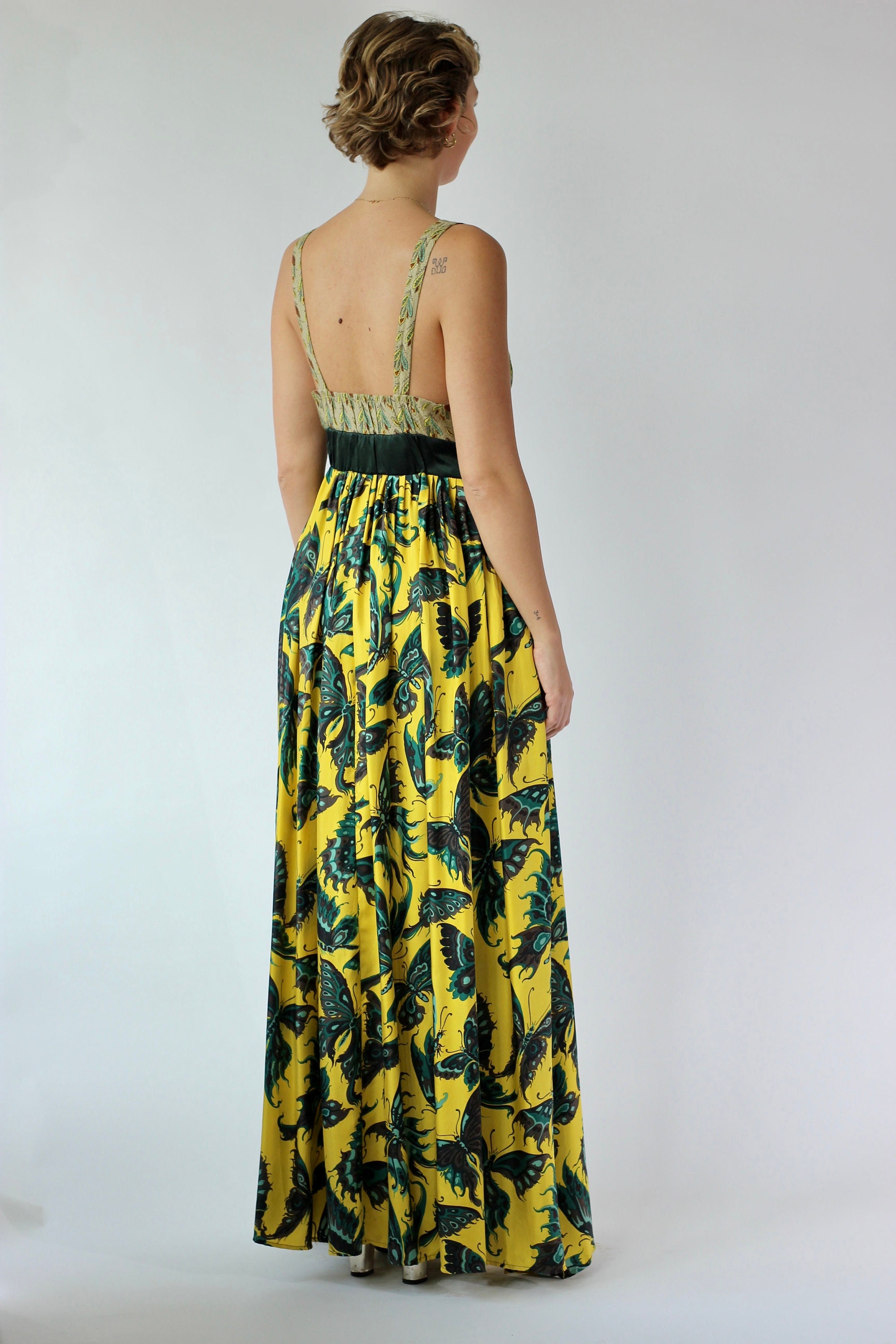 Y2K Yellow Silk Maxi Silk Dress butterfly Print r tzou Butterfly