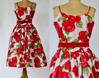 1980s Vintage Strapless Floral Print Dress//Does 1950s//Tina Lewis & Marjon Couture//Corsage Top//Size M/L