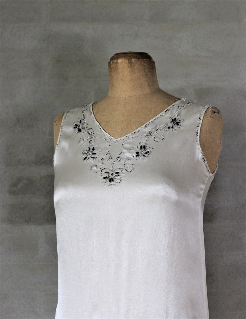 1920s White Silk Dress With Silver Glass Beads//womens Flapper Style ...