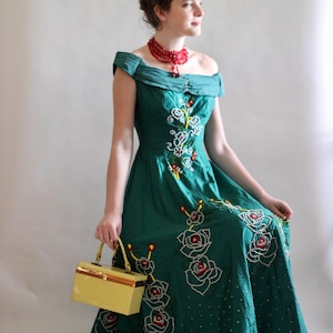 1950s 1960s Green Beaded Silk Evening Gown, Sleeveless//Size S/M