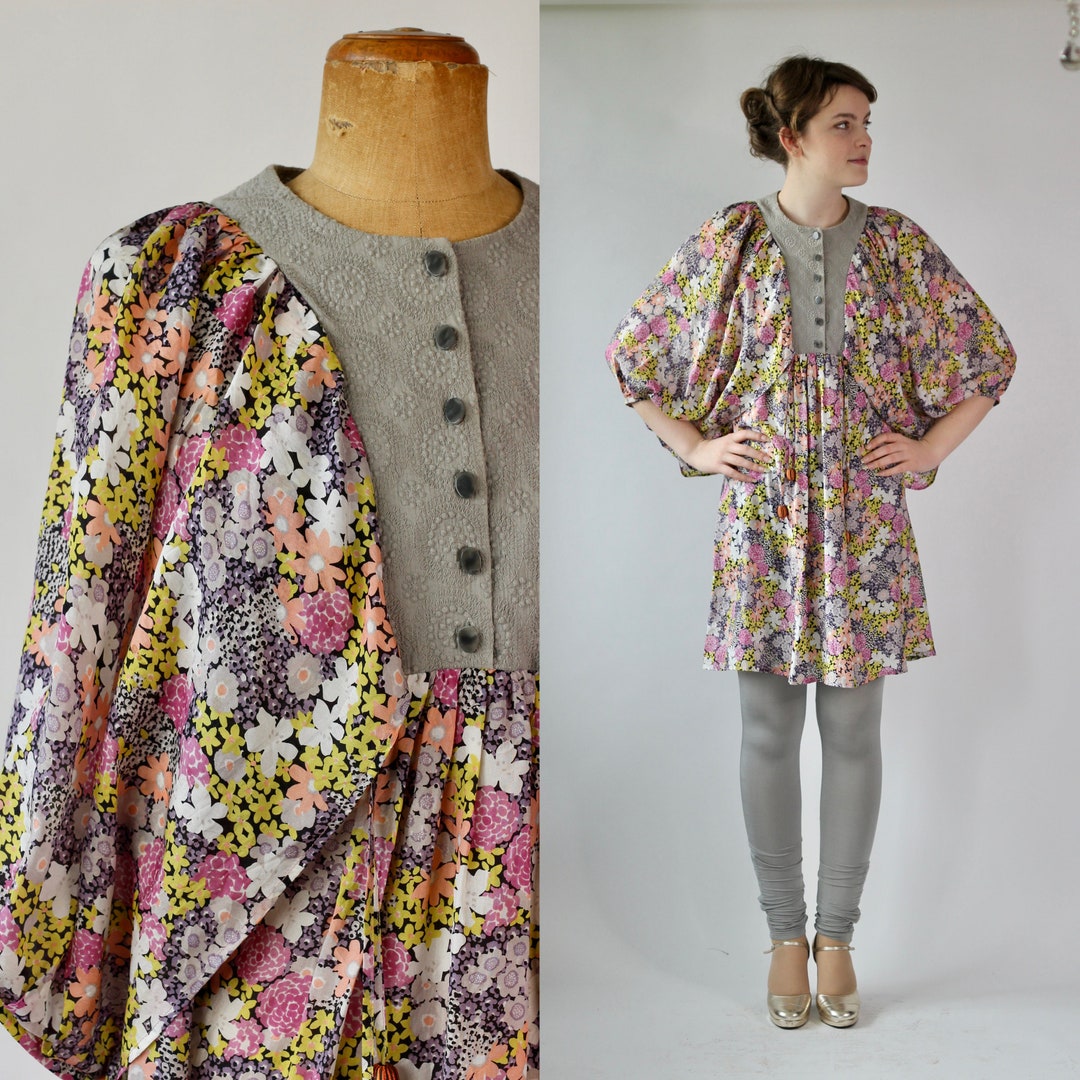 Y2K Flower Silk Dress With Butterfly Sleeves//danish Etsy
