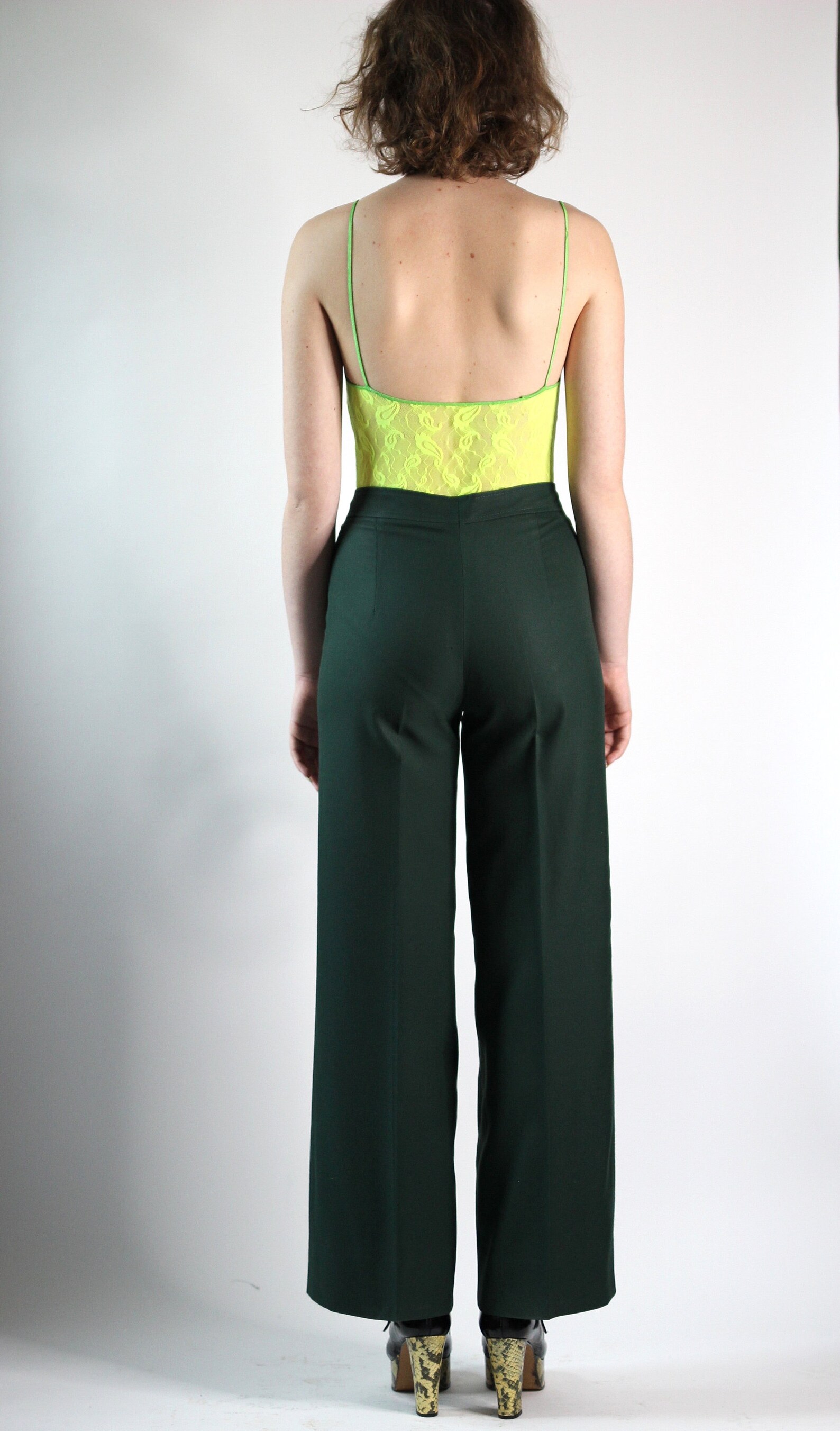 Medium 1970s Pants Green Grasshopper Applique Wide Leg High Waist