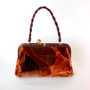 1960s Vintage Velvet and Leather Handbag/Purse // Orange and Brown Colors //Leather Breated Handle // Golden Closure // Bon Goût, Copenhagen