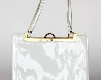 1950s 1960s Vintage White Patent Leather Handbag/Purse//Red Leather Linen//Bon Goût, Copenhagen/Golden Closure//Danish Royal Court Supplier