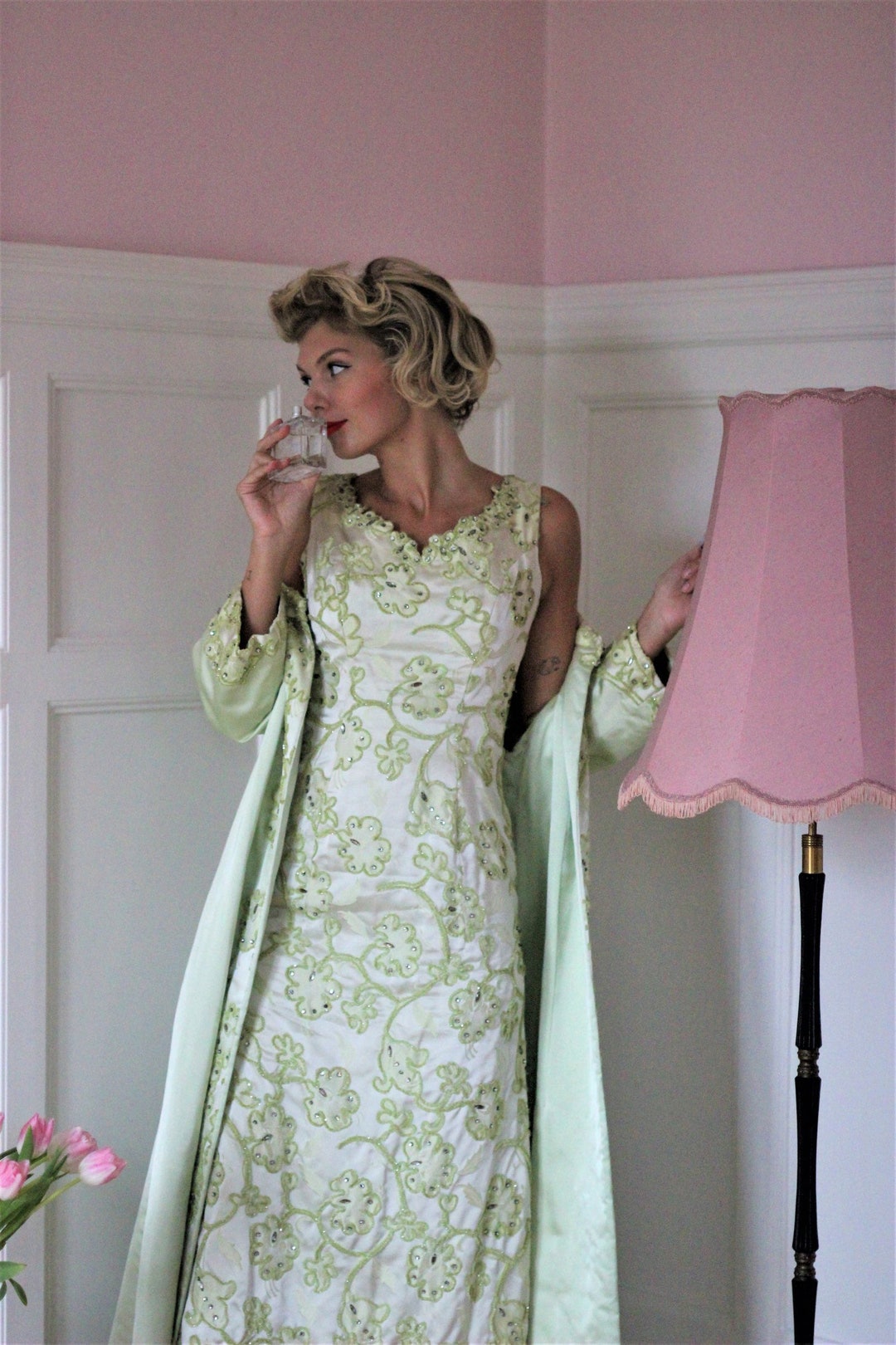 1950s Brilliant Blue Silk Satin Coat w Braided Detailing & a Startling Bright Green Lining