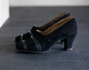 1940s Black Suede and Leather Shoes/Pumps//Size EU 38 US 7 UK 5