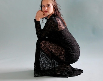 Antique 1910s 1920s Black Lace Long Dress // Long Sleeves // Size S