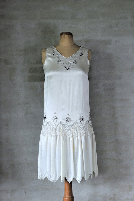 Antique Vintage 1920s Green silk & Cream lace Drop Waist
