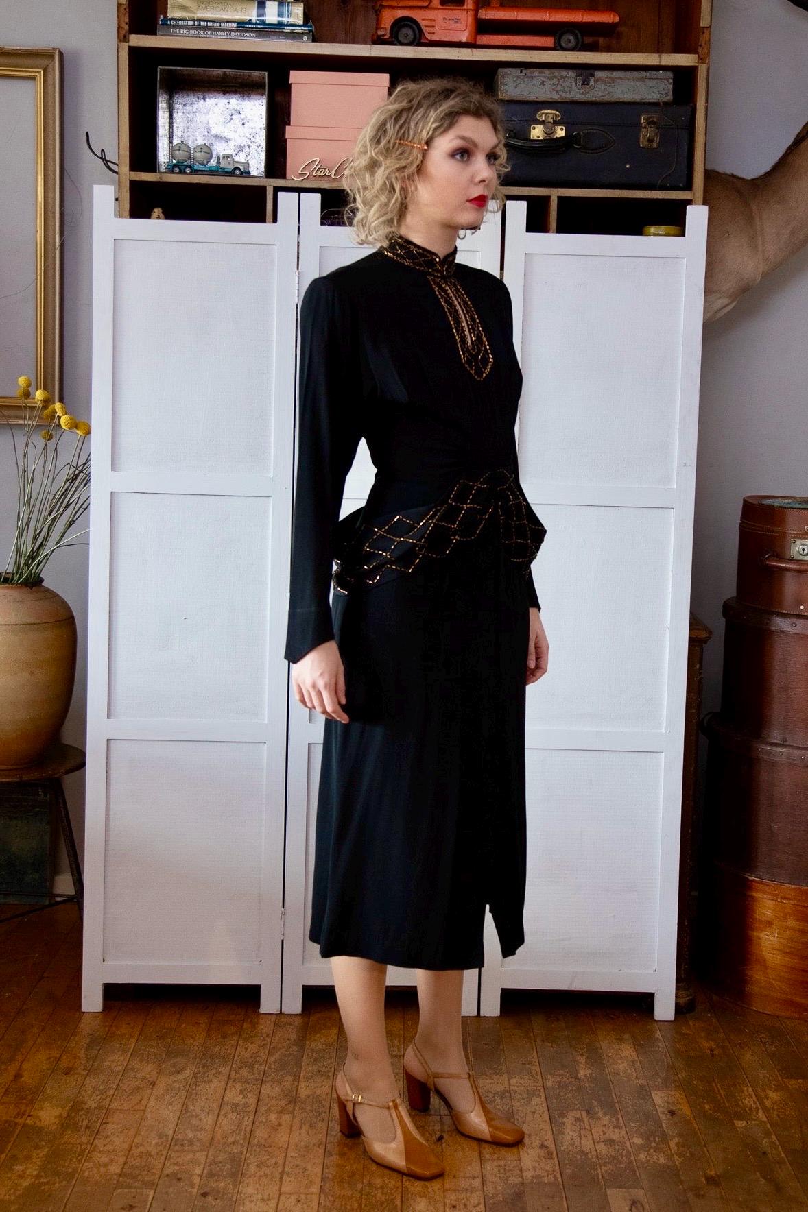 1940s Vintage Beaded Black Evening Gown Dress // Long Sleeves
