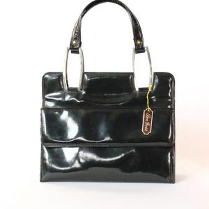 1960s Vintage Black Patent Leather Handbag/Purse // Red Leather Linen // Bon Goût, Copenhagen
