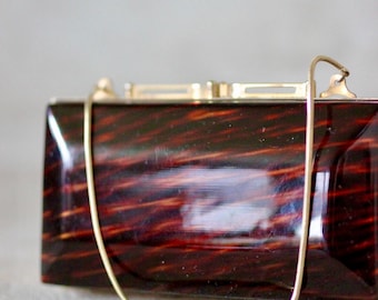 1950s  Vintage Celluloid Lucite Purse/Clutch // Golden Frame // Golden Chain Handle