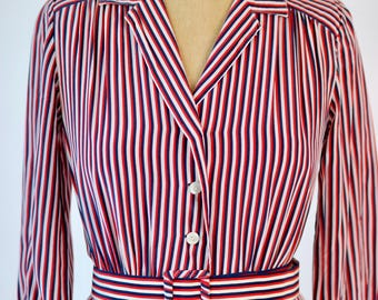 1940s Vintage Striped Dress in Blue, Red White // Long Sleeves // Collar // Belted // Size M.
