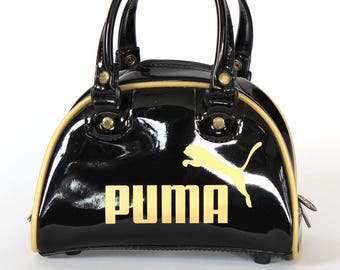 1990s Vintage Puma Black and Gold Vinyl Top Handle Bag // Small Sports Bag