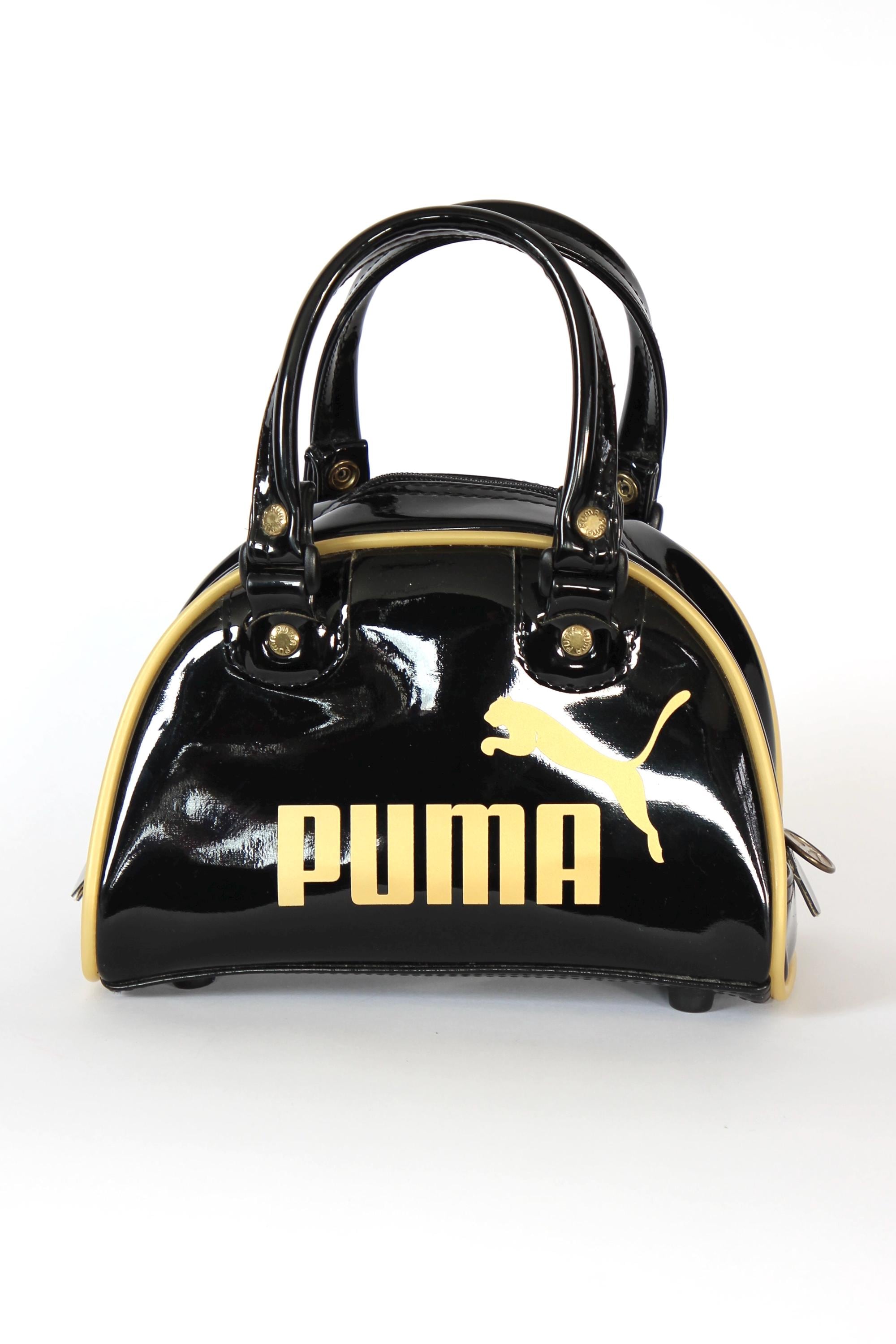 1990s Vintage Puma Black and Gold Vinyl Top Handle Bag // Small