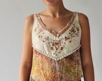 Top de terciopelo/algodón con bordado bohemio vintage // Lentejuelas y cuentas // Sin mangas // Talla S/M