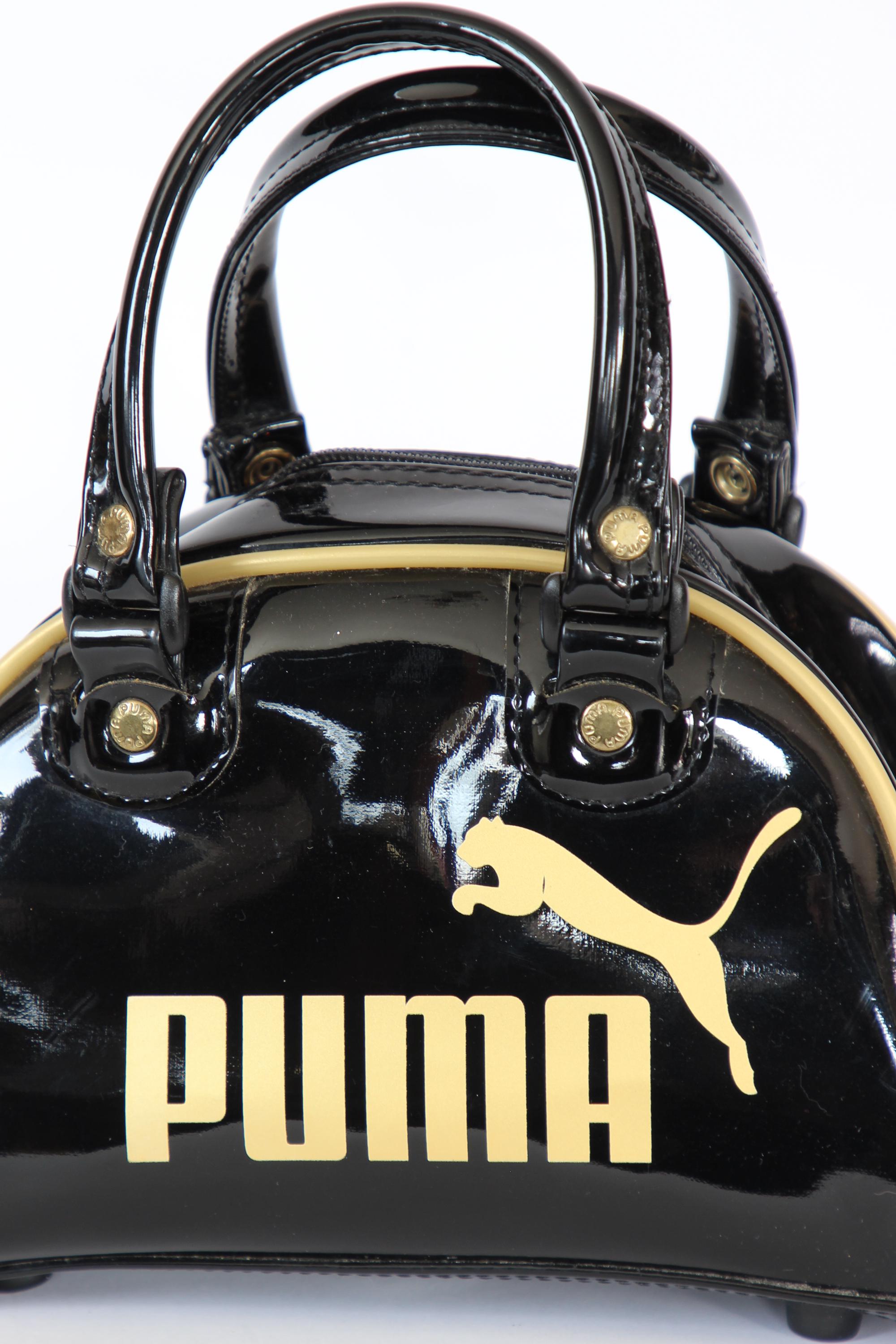 1990s Vintage Puma Black and Gold Vinyl Top Handle Bag // Small