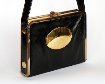 1960s Black Leather Shoulder Bag // Golden Closure and Metal Frame // Bon Gout, Copenhagen / Royal Court Supplier