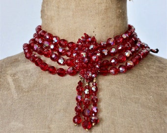1950s Red crystal faceted glass beads//4 Stand necklace//New old stock