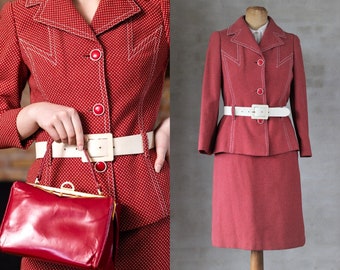 1960s/1970s Deadstock Italian Red Wool Skirt Suit with Belt//Mod Style//Size S/M